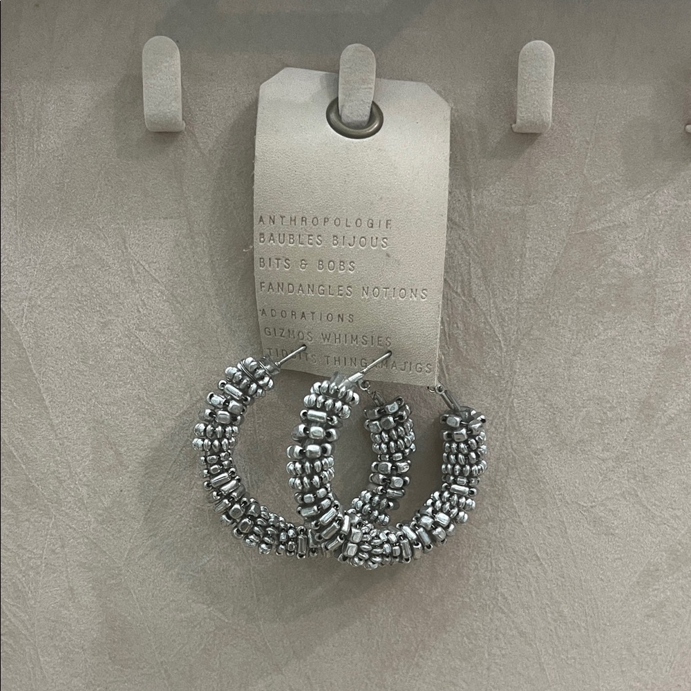NWT Anthropologie Silver Metallic Bead Hoop Earrings Bold Statement Jewelry